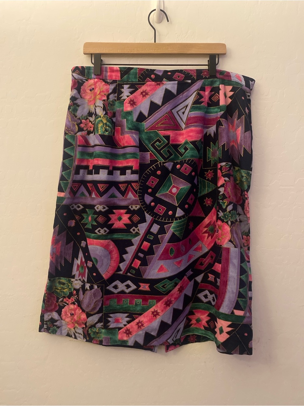 Vintage Multicolor Geo-Print Midi Skirt with Floral Accents